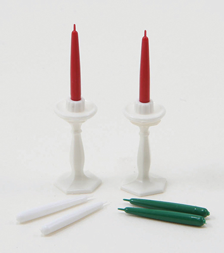 Dollhouse Miniature White Candlesticks (2) With Candles